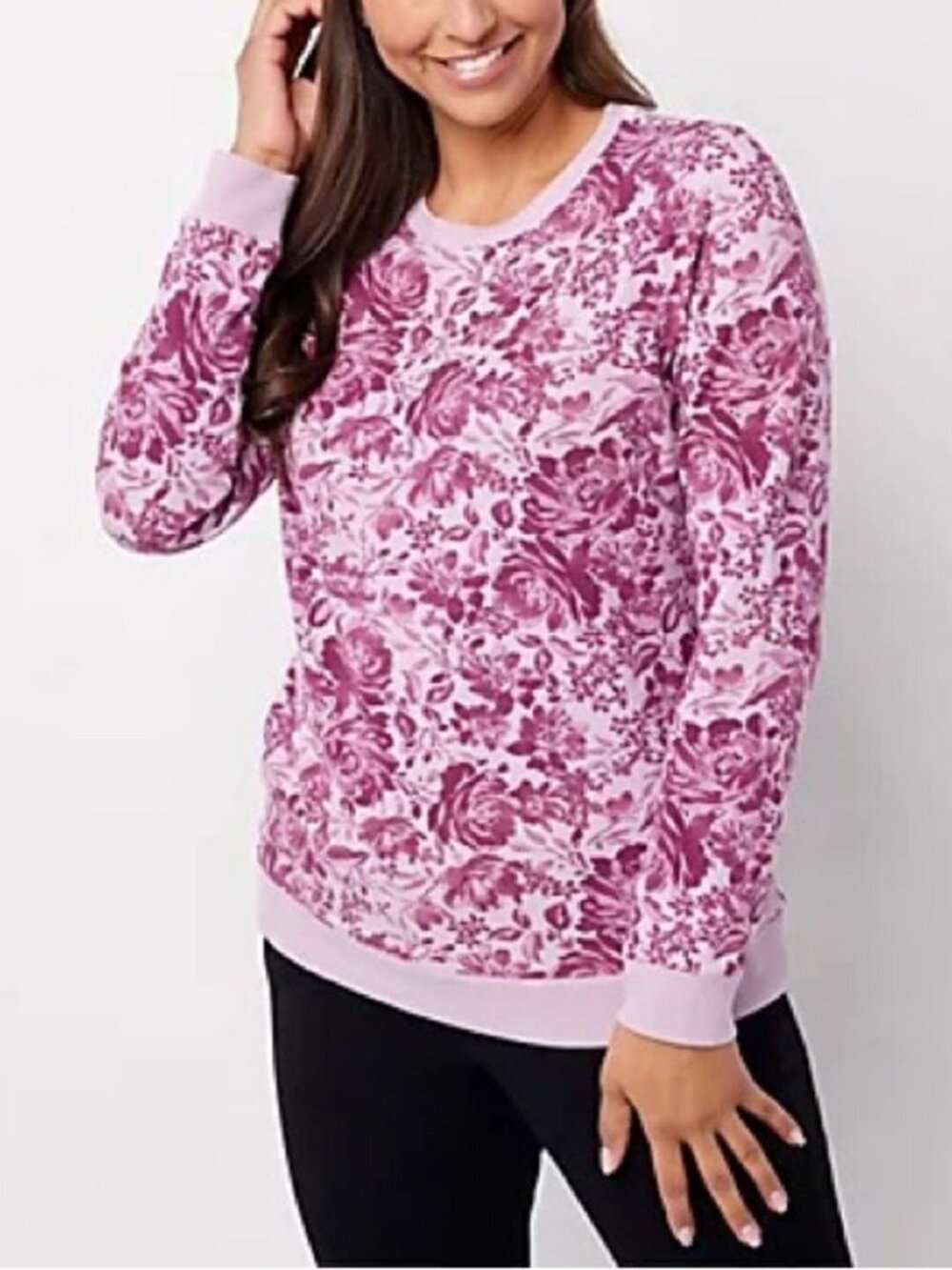 Denim & Co. Printed French Terry Round Neck Sweatshirt